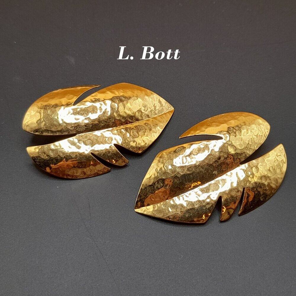 Vintage Hammered Leaf Post Earrings, Signed L. Bott, 1980s, Gold Tone, 2 1/2 In